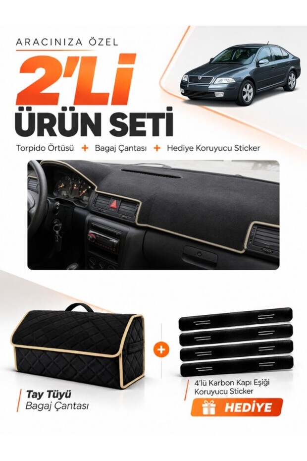 Skoda Octavia (2000-2008) Compatible Dashboard Cover + Tay Feather Trunk Bag + Sticker Set - Sk008