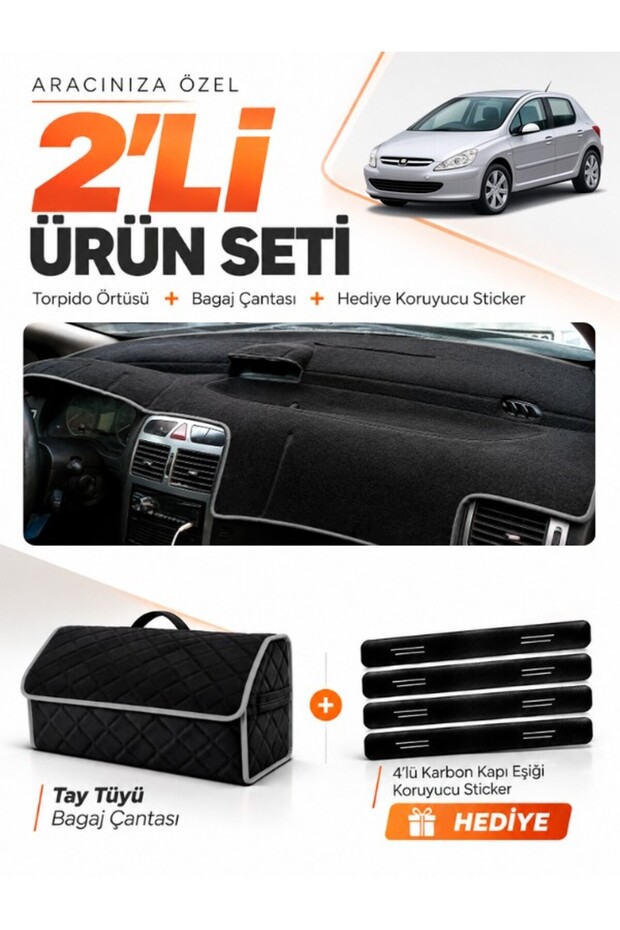 Peugeot 307 (2001-2008) Compatible Glove Box Cover + Thai Feather Trunk Bag + Sticker Set - Pe009