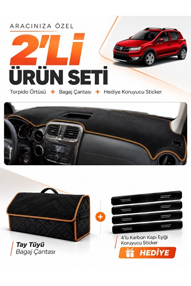 Dacia Sandero Stepway (2015-2021) Compatible Dashboard Cover + Tay Tüy Luggage Bag Set - Da004