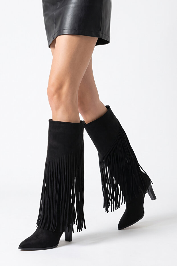 Women's Black Suede Tasseled Pointed Toe Heeled Calf-Length Boots