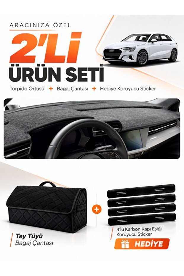 Audi A3 (2020-2026) Compatible Glove Box Cover + Thai Feather Trunk Bag + Sticker Set - Au008