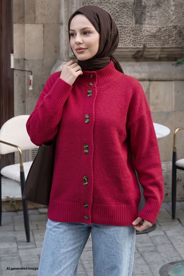 Double Button Detail Fuchsia Knitwear Cardigan