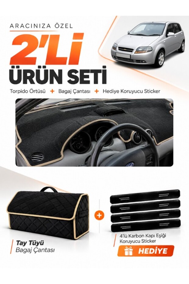 Chevrolet Kalos (2009-2013) Compatible Dashboard Cover + Tay Feather Trunk Bag + Sticker Set - Ch004