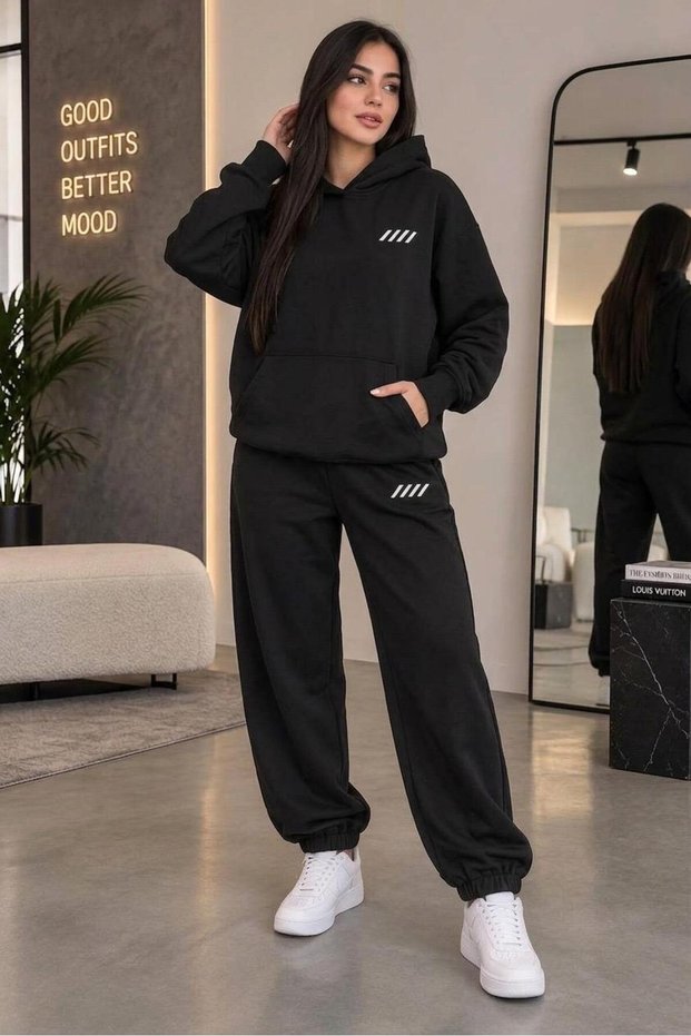 Hooded Sweat Suit 2-Piece Combination with Pullover and Pants, Unisex, 4 Stripes Printed