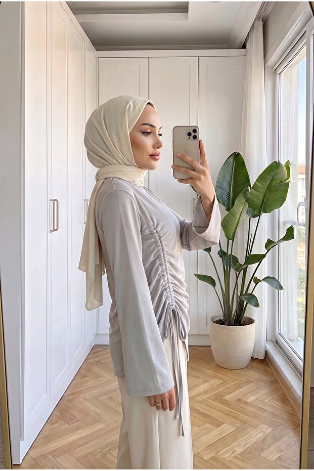 Women's Side Adjustable Drawstring and Slit Detailed Combed Cotton Hijab Tunic 70 cm