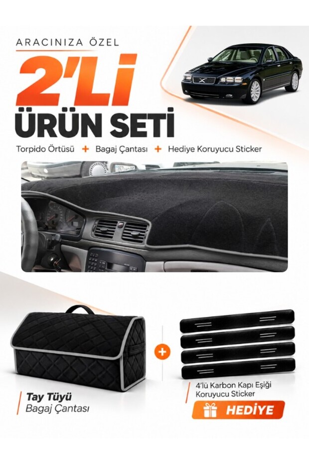 Dashboard Cover + Thai Feather Trunk Bag + Sticker Set Compatible with Volvo S80 (1998-2006) - Vo004