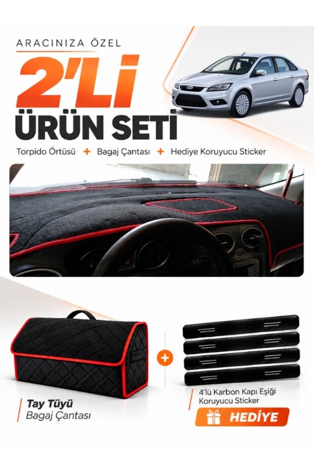 Ford Focus 2.5 Sedan Covered (2008-2011) Compatible Glove Box Cover + Tay Feather Trunk Bag Set - Fo011