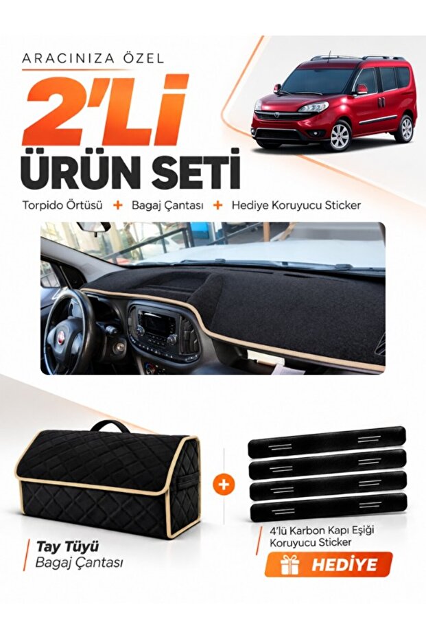 Fi̇at Doblo Fully Closed (2015-2023) Compatible Glove Box Cover + Thai Feather Luggage Bag + Sticker Set