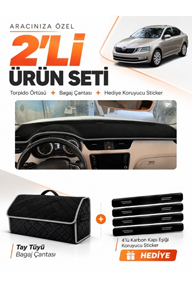 Skoda Octavia (2013-2019) Compatible Dashboard Cover + Tay Feather Trunk Bag + Sticker Set - Sk010