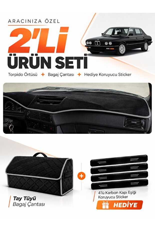 Bmw E28 (1981-1988) Compatible Glove Box Cover + Thai Feather Trunk Bag + Sticker Set - Bm006