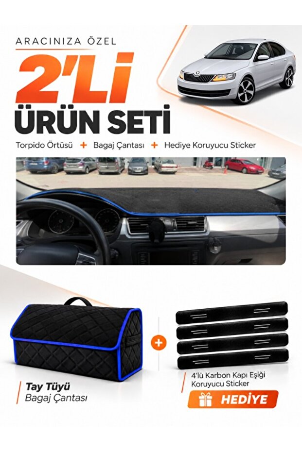 Skoda Rapid (2013-2017) Compatible Glove Box Cover + Tay Feather Luggage Bag + Sticker Set - Sk011