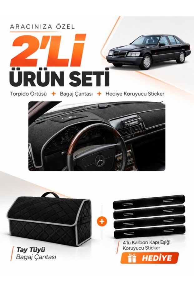 Mercedes W140 (1991-1998) Compatible Glove Box Cover + Tay Tüy Luggage Bag + Sticker Set - Mb018