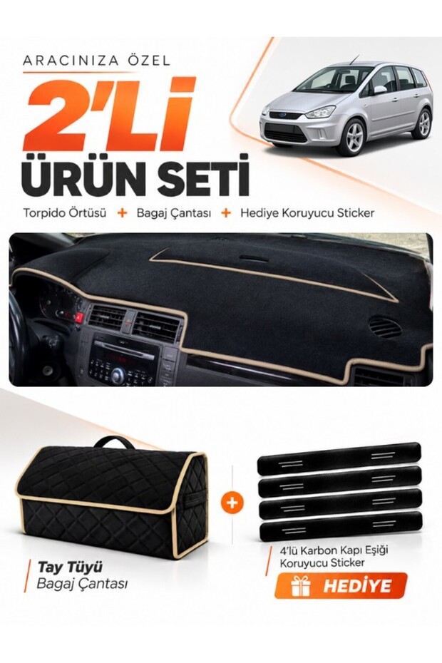 Ford C-Max (2003-2010) Long Covered Compatible Glove Box Cover + Tay Feather Trunk Bag Set - Fo002
