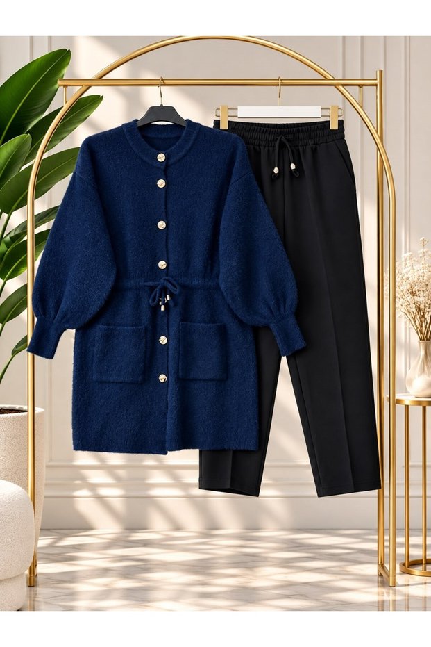 Women's Hijab Waist Gathered Buttoned Knitwear Cardigan Pants Set Navy Blue