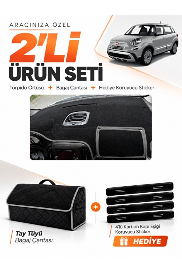 Fiat 500L (2013-2017) Compatible Glove Box Cover + Tay Feather Trunk Bag + Sticker Set - Fi001