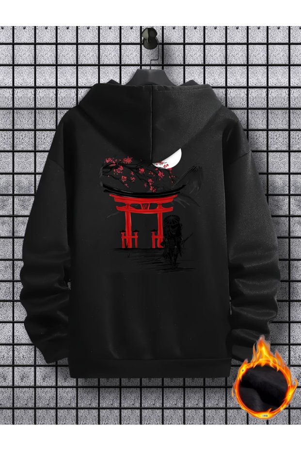 Unisex Women'S/Men's Walking Japanese Fighter Printed Premium Hooded Oversized Sweatshirt with 2 Yarns