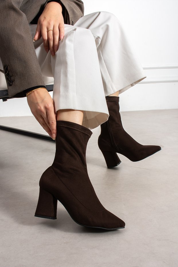 Brown Luxury Suede Pointed Toe Women's Heeled Boots