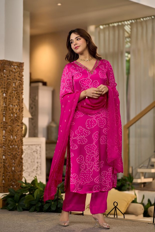 Premium Gaji Satin 3 Piece Suit Set for Women with Dupatta & Pants | Indian Ethnic Wear | Salwar Suit for Women | Kurti Pant Dupatta Set | Bandhani Printed Suit | Festive, Wedding & Party Wear