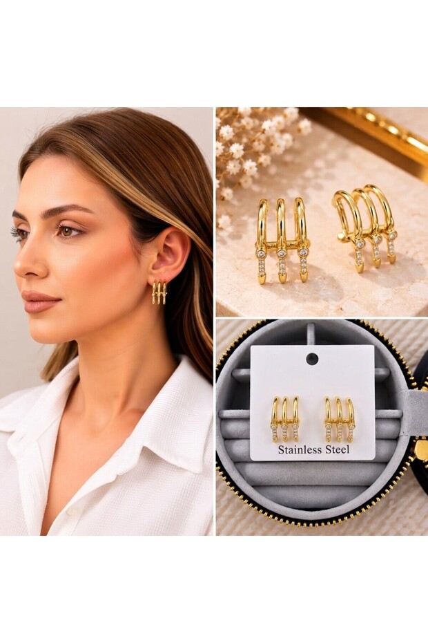 💎 Premium Shiny and Stylish Gold Color Triple Stone Detailed Hoop Women's Steel Earrings