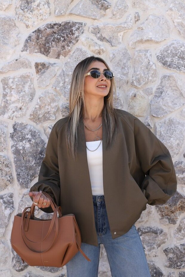 Khaki Double-Breasted Collar Drawstring Detail Bomber Jacket