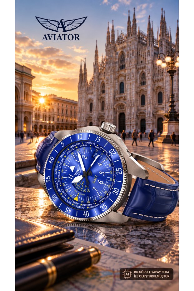 Aircobra Gmt V.1.37.0.308.4 Navy Blue Leather Cord with Calendar 42.8 mm Men Wristwatch 10 Atm