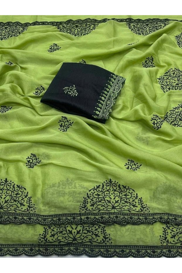 Lime Green Georgette Embroidered Saree with Contrast Blouse - KTS9705 | Lime Green & Dark