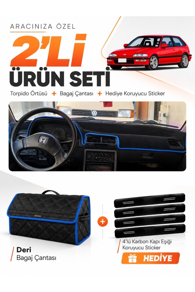 Honda Civic Ef (1988-1991) Compatible Dashboard Cover + Leather Trunk Bag + Sticker Set - Ho004