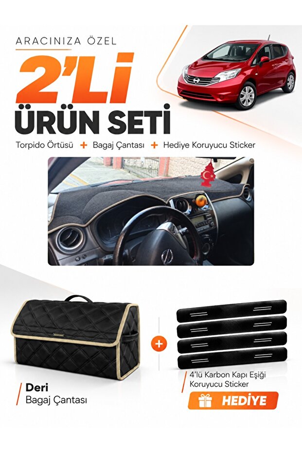 Nissan Note E12 (2009 and Later) Compatible Torpedo Cover + Leather Trunk Bag + Sticker Set - Ni011
