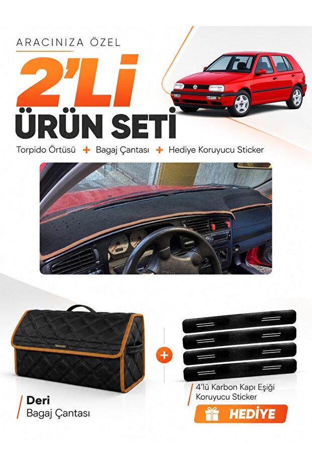 Volkswagen Golf 3 (1991-1997) Compatible Glove Box Cover + Leather Trunk Bag + Sticker Set - Vw008