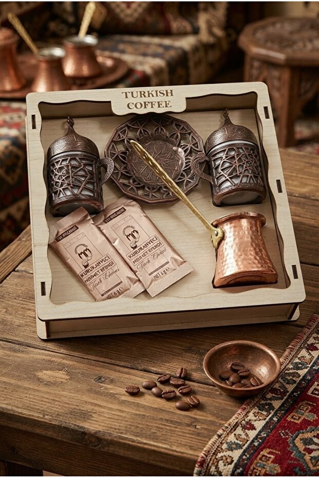 2-Person Turkish Coffee Presentation Set – Coffee Pot Set with Decorative Wooden Box