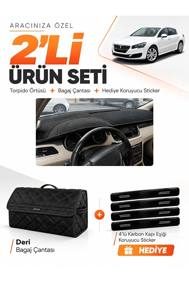 Peugeot 508 (2010-2018) Compatible Glove Box Cover + Leather Trunk Bag + Sticker Set - Pe015
