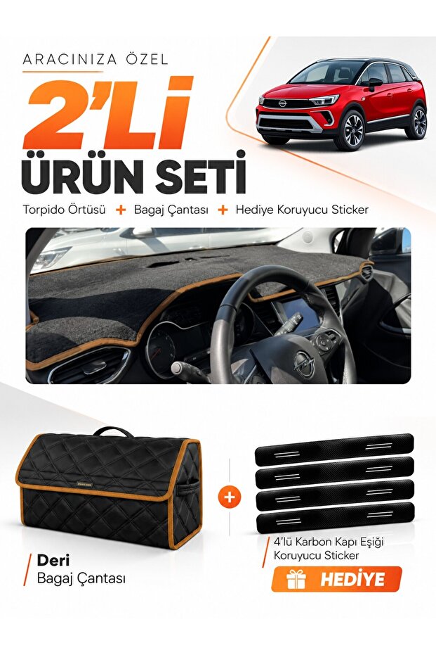 Opel Crossland (2020-2024) Compatible Dashboard Cover + Leather Trunk Bag + Sticker Set - Op022
