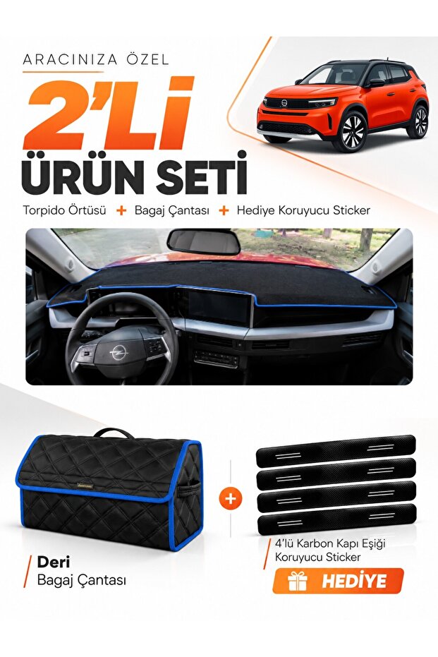 Opel Frontera (2025-Onwards) Compatible Dashboard Cover + Leather Trunk Bag + Sticker Set - Op025