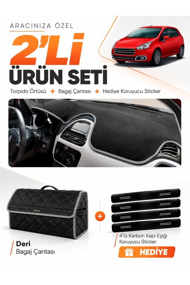 Fiat Punto Evo (2015-2021) Compatible Dashboard Cover + Leather Trunk Bag + Sticker Set - Fi017
