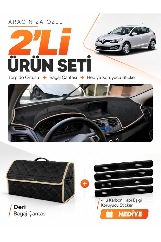 Renault Megane 3 Large Screen (2008-2015) Compatible Glove Box Cover + Leather Trunk Bag Set - Re023