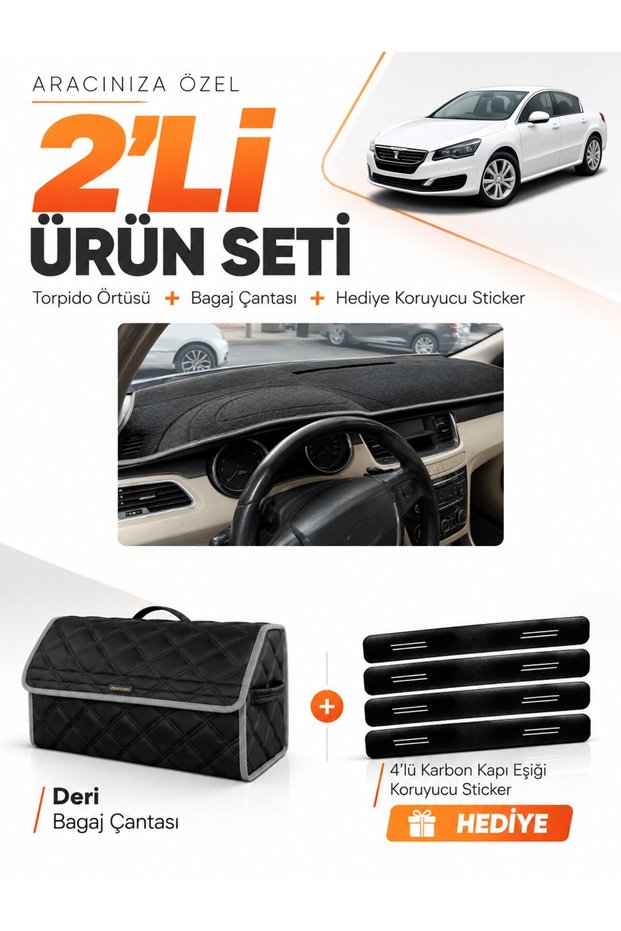 Dashboard Cover + Leather Trunk Bag + Sticker Set Compatible with Peugeot 508 (2010-2018) - Pe015