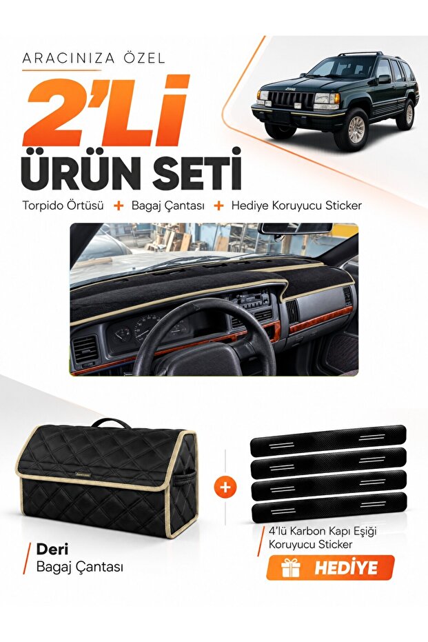 Jeep Grand Cherokee (1993-1998) Compatible Dashboard Cover + Leather Trunk Bag + Sticker Set