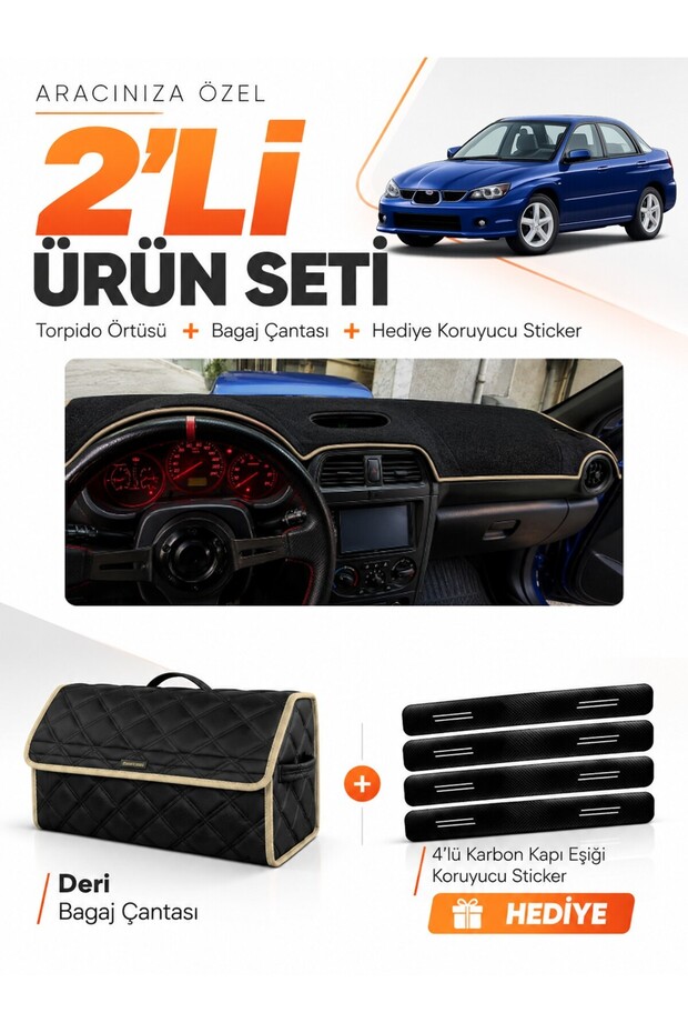 Subaru Impreza (2000-2007) Compatible Glove Box Cover + Leather Trunk Bag + Sticker Set - Su003