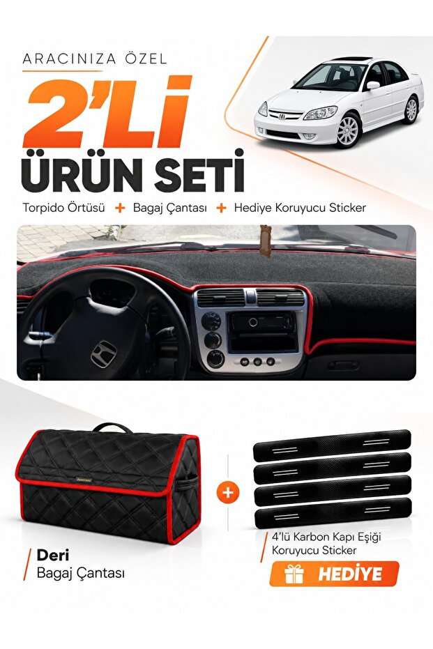Honda Civic Vtec2 (2002-2005) Compatible Torpedo Cover + Leather Trunk Bag + Sticker Set - Ho009