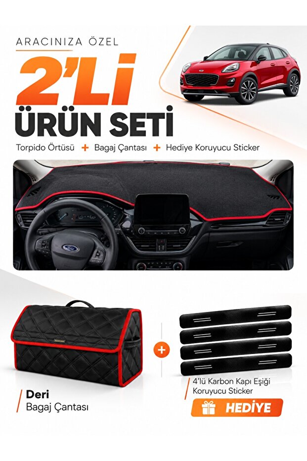 Ford Puma (2020-2023) Compatible Dashboard Cover + Leather Trunk Bag + Sticker Set - Fo023