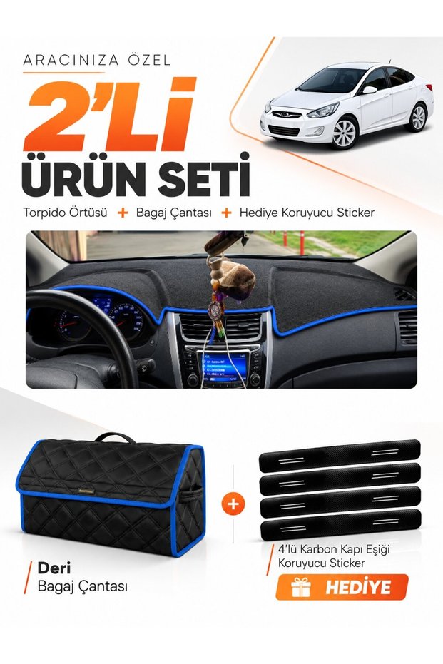 Glove Box Cover + Leather Luggage Bag + Sticker Set Hyundai Accent Blue (2011-2017) Compatible - Hu011
