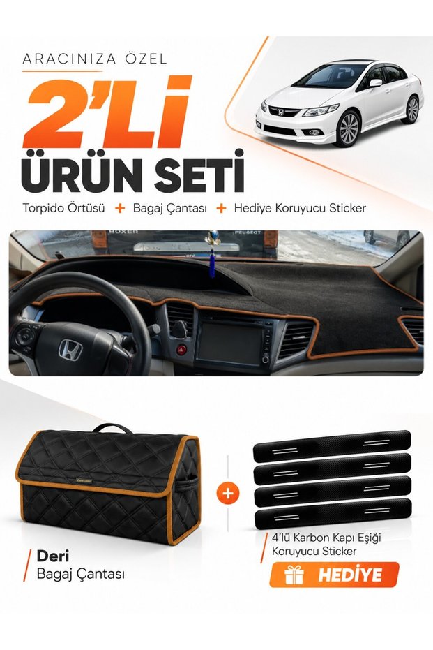 Dashboard Cover + Leather Trunk Bag + Sticker Set Compatible with Honda Civic Fb7 (2011-2015) - Ho011