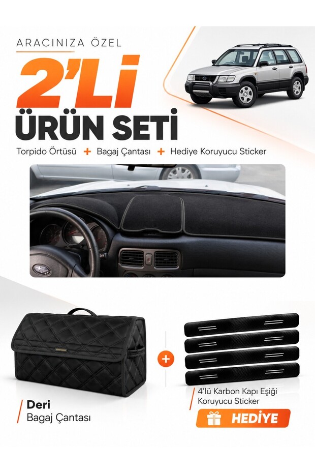 Subaru Forester (1997-2002) Compatible Glove Box Cover + Leather Trunk Bag + Sticker Set - Su002