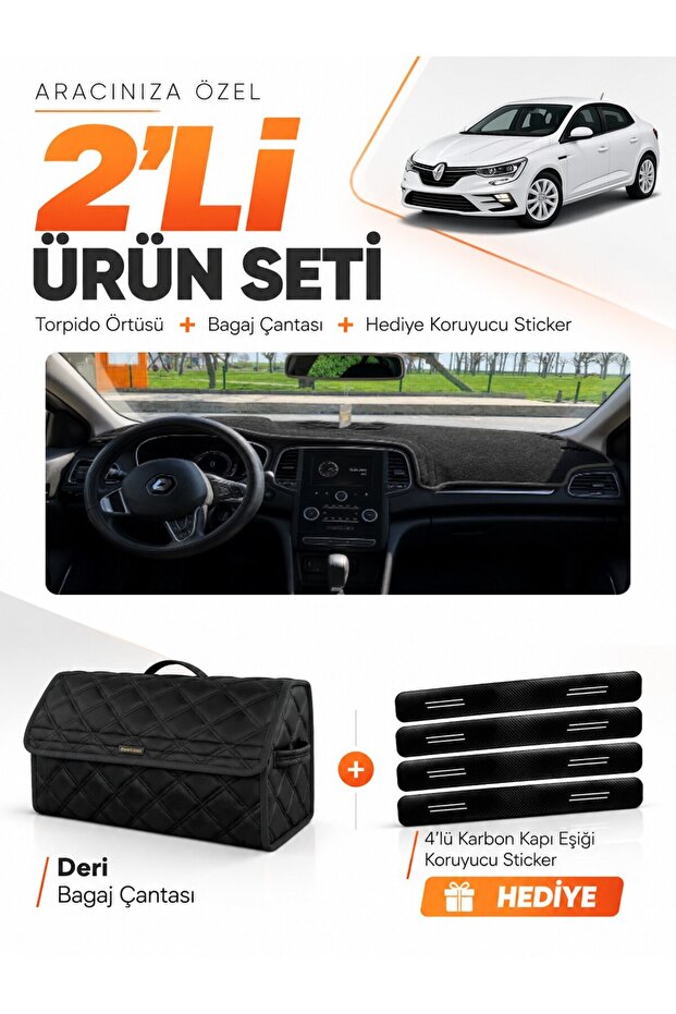 Renault Megane 4 (2016-2024) Compatible Glove Box Cover + Leather Trunk Bag + Sticker Set - Re041