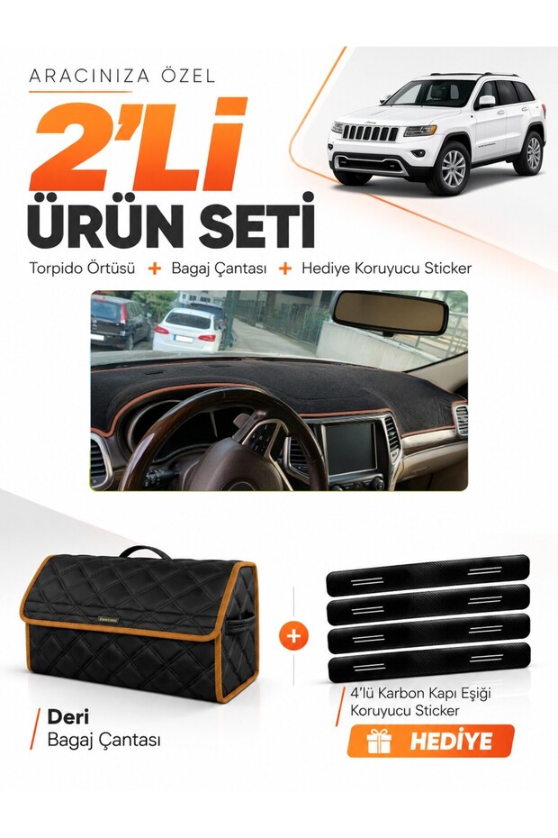 Jeep Grand Cherokee (2014-2020) Compatible Dashboard Cover + Leather Trunk Bag + Sticker Set - Je002