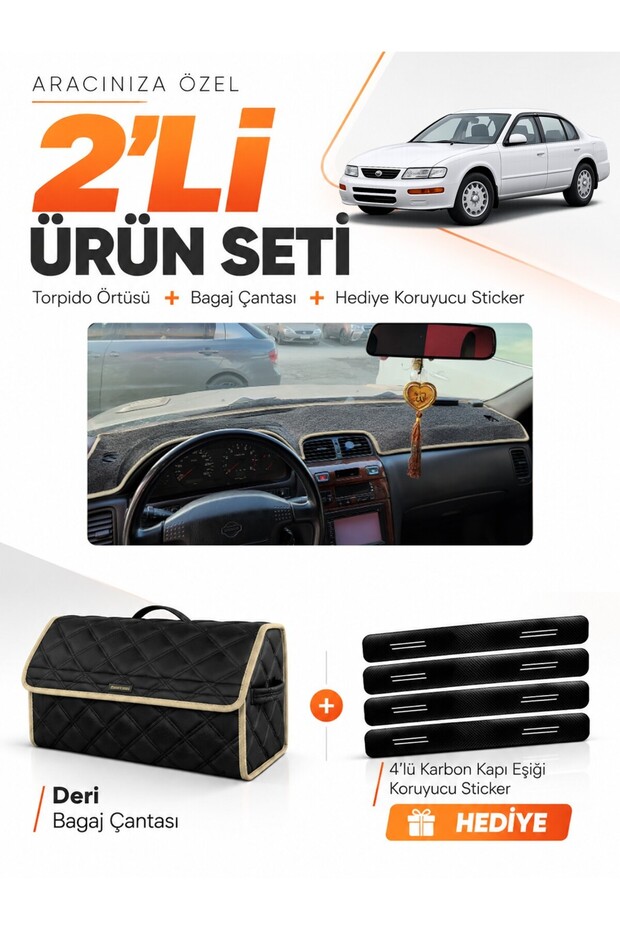 Nissan Maxima A32 (1994-1999) Compatible Torpedo Cover + Leather Trunk Bag + Sticker Set - Ni005
