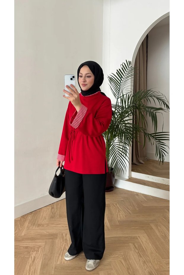 Premium Side Slit Waist Tie Blouse - Red