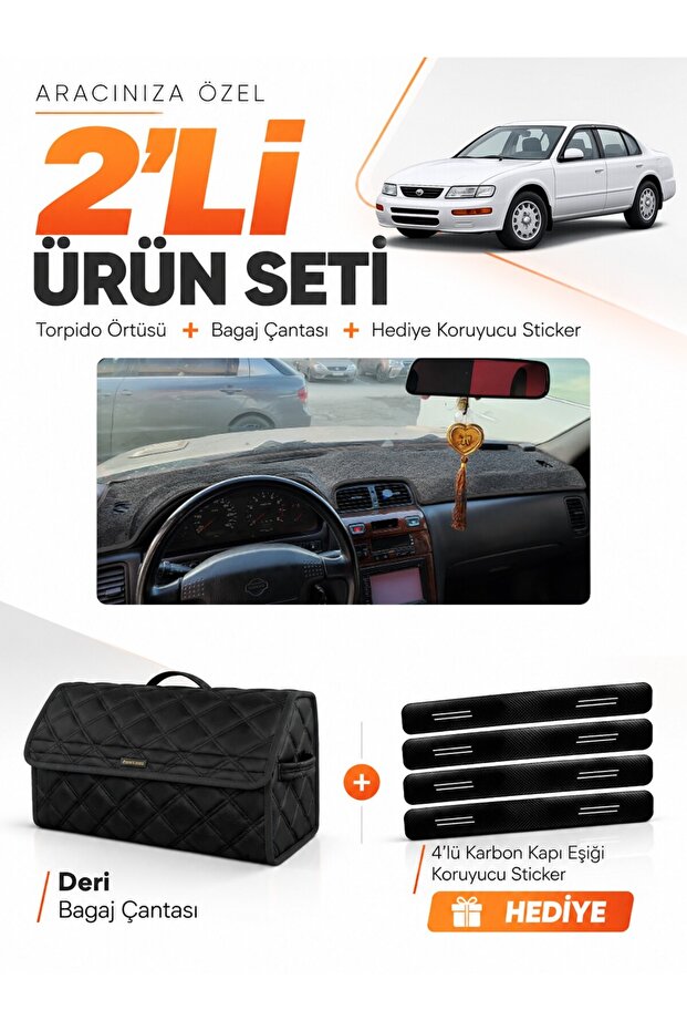 Nissan Maxima A32 (1994-1999) Compatible Torpedo Cover + Leather Trunk Bag + Sticker Set - Ni005