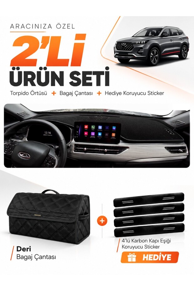 Chery Tiggo 8 Pro (2018-2024) Compatible Glove Box Cover + Leather Trunk Bag + Sticker Set - Cy002