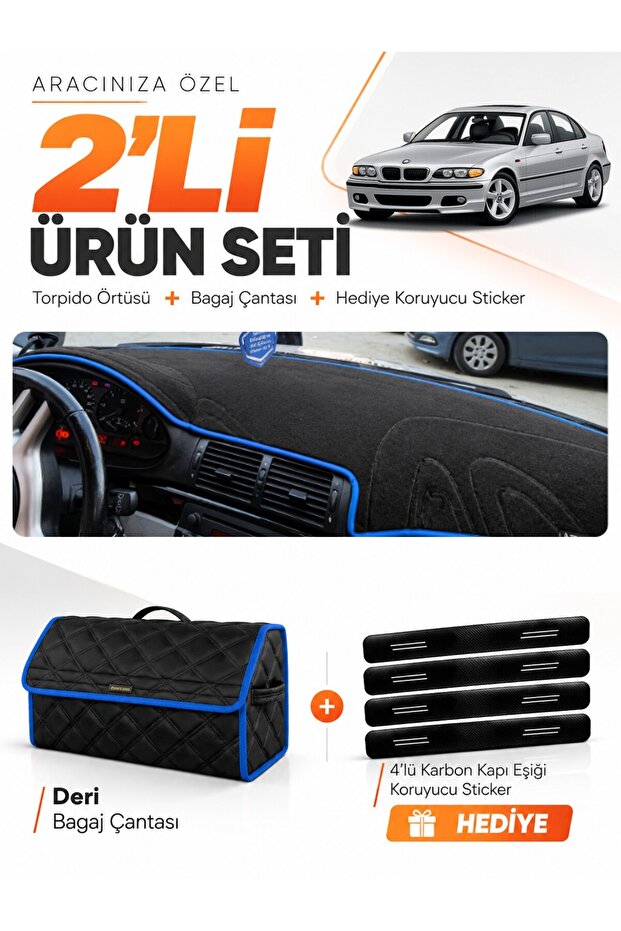 Bmw E46 (1997-2006) Compatible Dashboard Cover + Leather Trunk Bag + Sticker Set - Bm002
